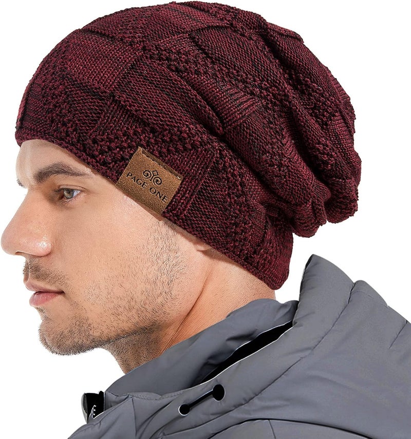 PAGE ONE Mens Winter Slouchy Beanie Warm Fleece Lined Skull Cap Baggy Cable Knit Hat - Image 2